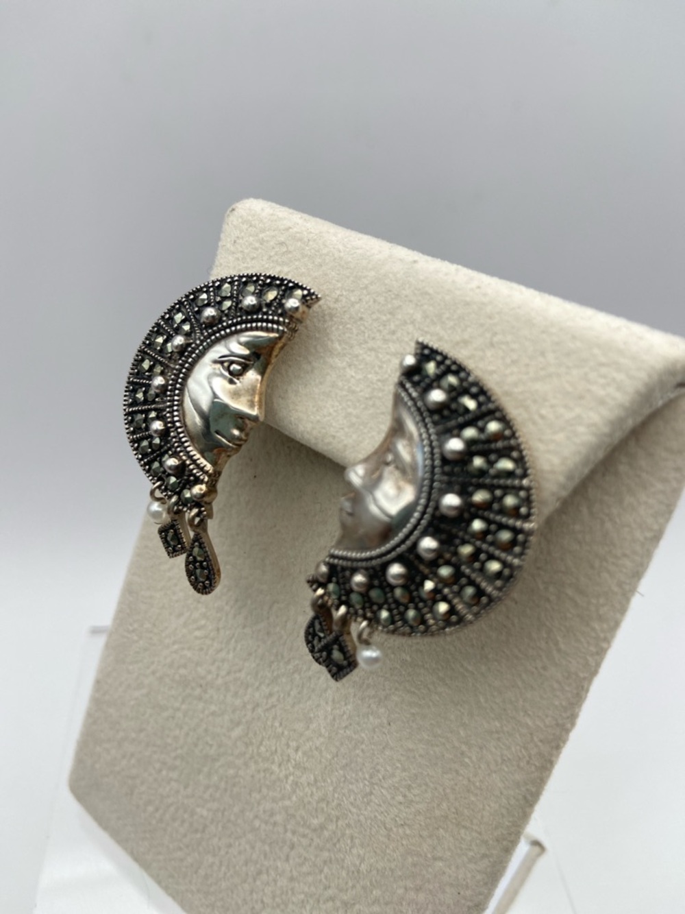 Vintage Suspicion Marcasite Sterling Silver Moon Goddess Earrings Pierced - Picture 4 of 9